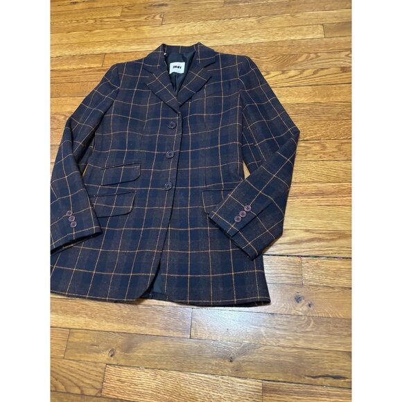 Vintage DKNY Womens Blazer Jacket Size 2 Wool Blend Black Plaid 3 Button Career - Picture 2 of 8